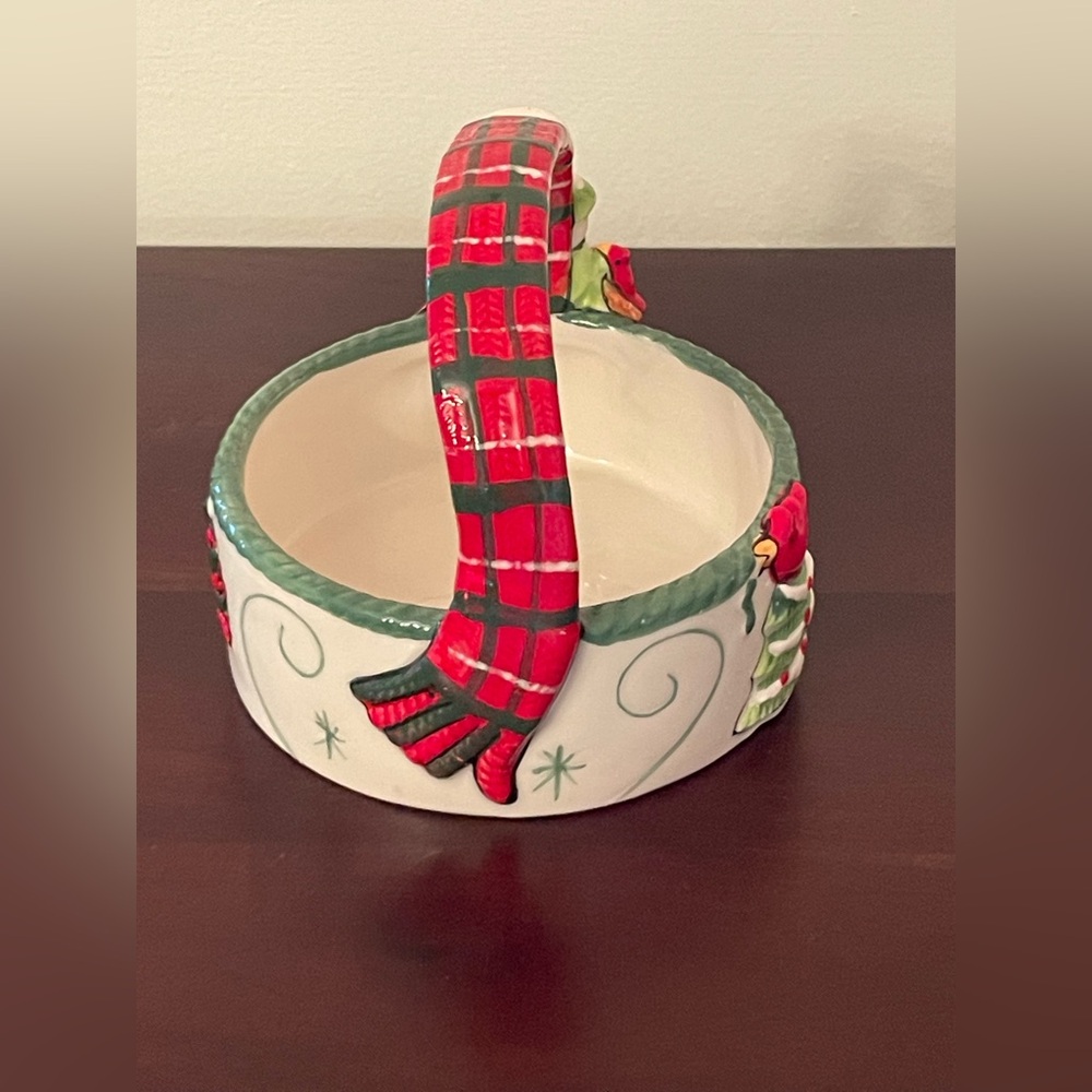 BNIB Fitz and Floyd Holly Hat Snowman Ceramic Basket 2013 Christmas Candy Dish - Picture 4 of 10